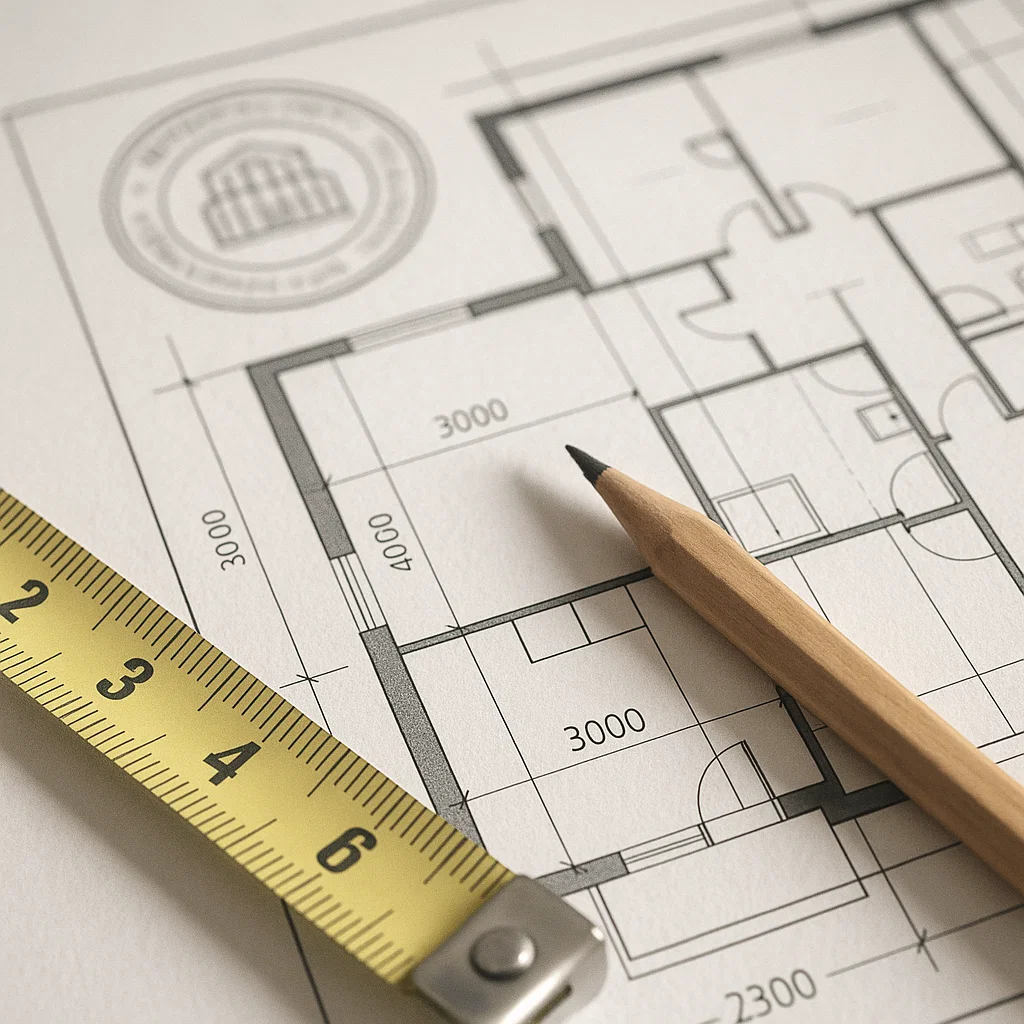 alt=“Plano y sello de licencia urbanística desenfocado”